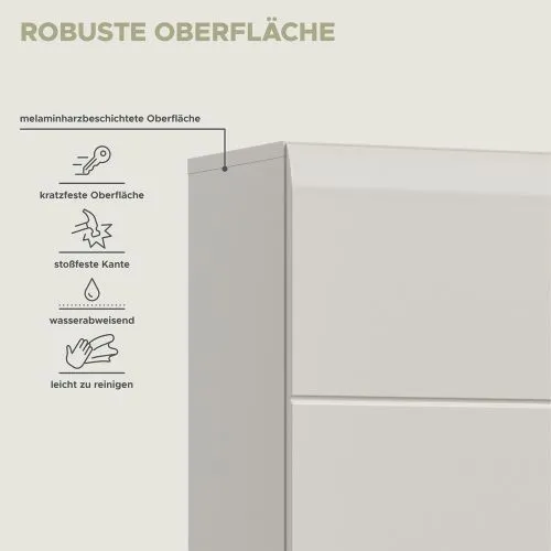Hochschrank Ice, Kaschmir matt, Schmales Hochregal mit offener Nische, Schubkästen und Griffen – Ansicht 8