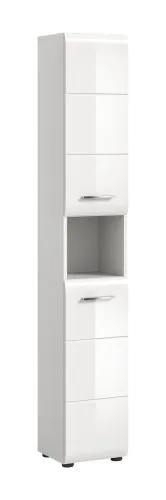 Hochschrank Ice, weiß Hochglanz, Schmaler Hochschrank mit Türen, offenen Fächern und Schubkästen, Metallgriffe – Ansicht 2