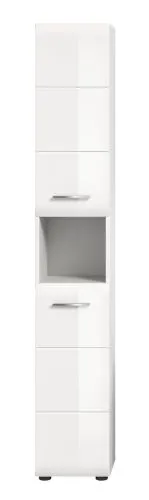 Hochschrank Ice, weiß Hochglanz, Schmaler Hochschrank mit Türen, offenen Fächern und Schubkästen, Metallgriffe – Ansicht 3