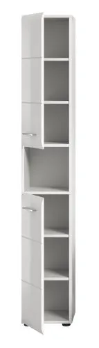 Hochschrank Ice, weiß Hochglanz, Schmaler Hochschrank mit Türen, offenen Fächern und Schubkästen, Metallgriffe – Ansicht 4