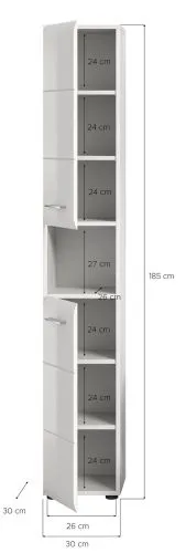 Hochschrank Ice, weiß Hochglanz, Schmaler Hochschrank mit Türen, offenen Fächern und Schubkästen, Metallgriffe – Ansicht 5