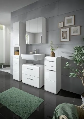 Hochschrank Ice, weiß Hochglanz, Schmaler Hochschrank mit Türen, offenen Fächern und Schubkästen, Metallgriffe – Ansicht 7