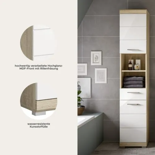Hochschrank Lambada | weiß Hochglanz / Sonoma Eiche hell