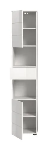 Hochschrank Vira, weiß Hochglanz, Seitenansicht mit 2 offenen Fächern, Schubladen und Türen – Ansicht 4