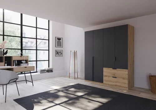 Kleiderschrank Drehtürenschrank Dark&Wood | 4-türig | mit Schubkästen | grau metallic / Eiche Artisan | 181x210
