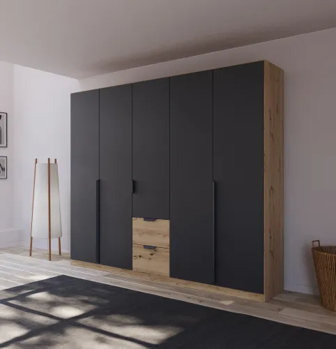 Kleiderschrank Drehtürenschrank Dark&Wood | 5-türig | mit Schubkästen | grau metallic / Eiche Artisan | 226x210