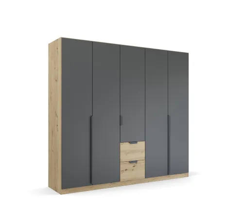 Kleiderschrank Drehtürenschrank Dark&Wood | 5-türig | mit Schubkästen | grau metallic / Eiche Artisan | 226x210