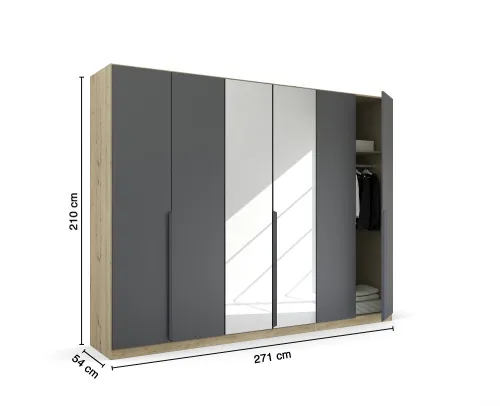 Kleiderschrank Drehtürenschrank Dark&Wood | 5-türig | mit Spiegeltüren | grau metallic / Eiche Artisan | 226x210