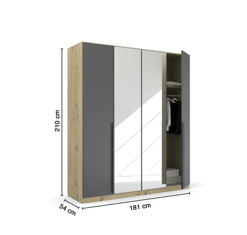 Kleiderschrank Drehtürenschrank Dark&Wood | 5-türig | mit Spiegeltüren | grau metallic / Eiche Artisan | 226x210