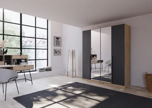 Kleiderschrank Drehtürenschrank Dark&Wood | 5-türig | mit Spiegeltüren | grau metallic / Eiche Artisan | 226x210