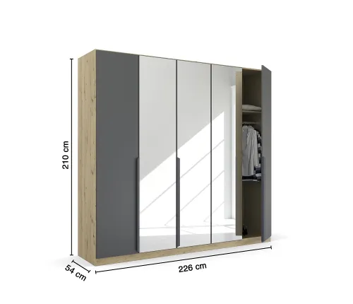 Kleiderschrank Drehtürenschrank Dark&Wood | 5-türig | mit Spiegeltüren | grau metallic / Eiche Artisan | 226x210