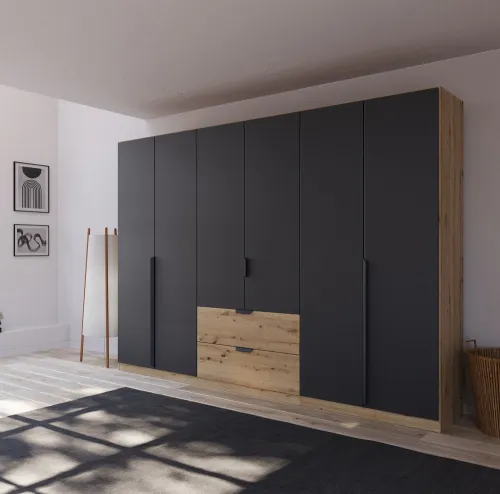 Kleiderschrank Drehtürenschrank Dark&Wood | 6-türig | mit Schubkästen | grau metallic / Eiche Artisan | 271x210