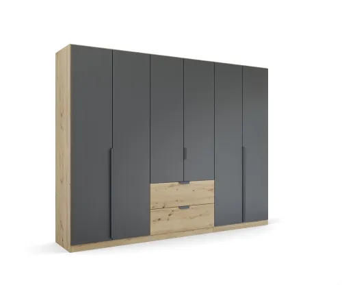 Kleiderschrank Drehtürenschrank Dark&Wood | 6-türig | mit Schubkästen | grau metallic / Eiche Artisan | 271x210