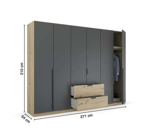 Kleiderschrank Drehtürenschrank Dark&Wood | 6-türig | mit Schubkästen | grau metallic / Eiche Artisan | 271x210