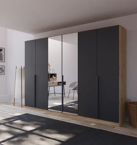 Kleiderschrank Drehtürenschrank Dark&Wood | 6-türig | mit Spiegeltüren | grau metallic / Eiche Artisan | 271x210