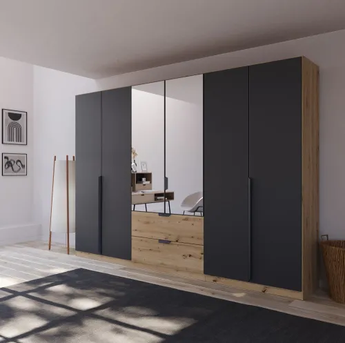 Kleiderschrank Drehtürenschrank Dark&Wood | 6-türig | mit Spiegeltüren & Schubkästen | grau metallic / Eiche Artisan | 271x210