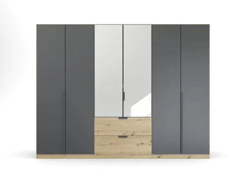 Kleiderschrank Drehtürenschrank Dark&Wood | 6-türig | mit Spiegeltüren & Schubkästen | grau metallic / Eiche Artisan | 271x210