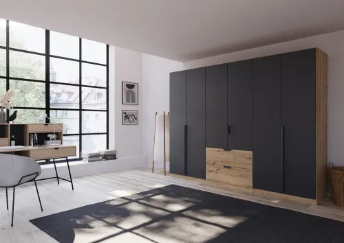 Kleiderschrank Drehtürenschrank Dark&Wood | mit Schubkästen | grau metallic / Eiche Artisan | verschiedene Größen