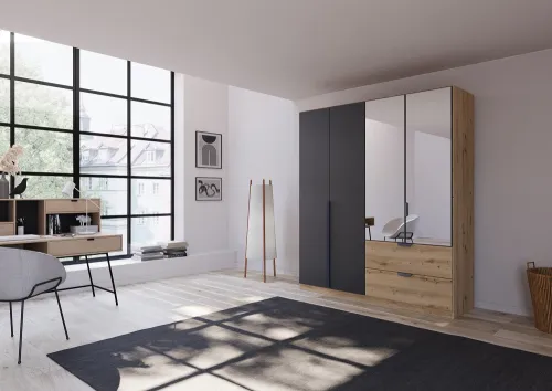 Kleiderschrank Drehtürenschrank Dark&Wood | mit Spiegel & Schubkästen | grau metallic / Eiche Artisan | verschiedene Größen