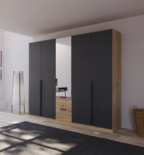 Kleiderschrank Drehtürenschrank Dark&Wood | mit Spiegel & Schubkästen | grau metallic / Eiche Artisan | verschiedene Größen