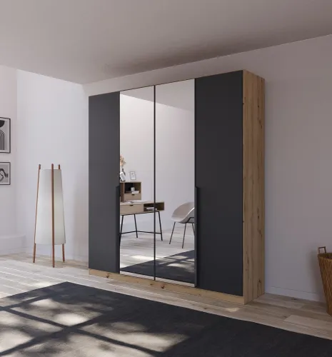 Kleiderschrank Drehtürenschrank Dark&Wood | mit Spiegeltüren | grau metallic / Eiche Artisan | verschiedene Größen