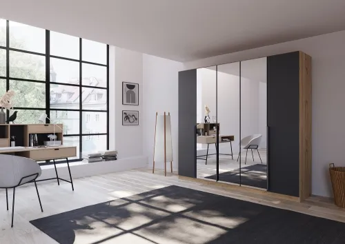 Kleiderschrank Drehtürenschrank Dark&Wood | mit Spiegeltüren | grau metallic / Eiche Artisan | verschiedene Größen