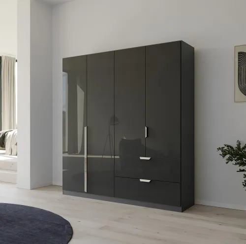 Kleiderschrank Drehtürenschrank Glamour | 4-türig | mit Schubkästen | effektgrau Hochglanz / grau metallic | 181x210