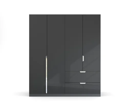 Kleiderschrank Drehtürenschrank Glamour | 4-türig | mit Schubkästen | effektgrau Hochglanz / grau metallic | 181x210