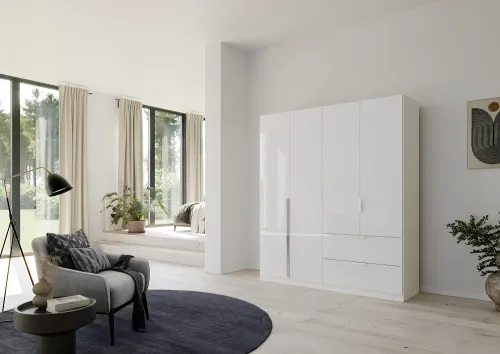 Kleiderschrank Drehtürenschrank Glamour | 4-türig | mit Schubkästen | weiß Hochglanz / alpinweiß | 181x210