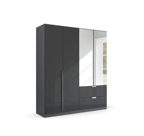 Kleiderschrank Drehtürenschrank Glamour | 4-türig | mit Spiegeltüren & Schubkästen | effektgrau Hochglanz / grau metallic | 181x210x54