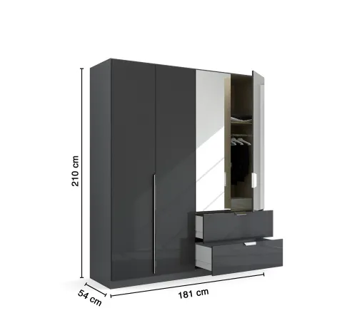 Kleiderschrank Drehtürenschrank Glamour | 4-türig | mit Spiegeltüren & Schubkästen | effektgrau Hochglanz / grau metallic | 181x210x54