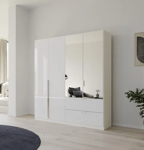Kleiderschrank Drehtürenschrank Glamour | 4-türig | mit Spiegeltüren & Schubkästen | weiß Hochglanz / alpinweiß | 181x210