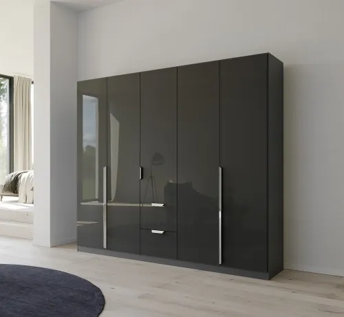 Kleiderschrank Drehtürenschrank Glamour | 5-türig | mit Schubkästen | effektgrau Hochglanz / grau metallic | 226x210