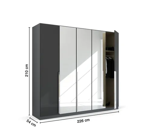 Kleiderschrank Drehtürenschrank Glamour | 5-türig | mit Spiegeltüren | effektgrau Hochglanz / grau metallic | 226x210
