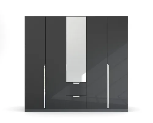 Kleiderschrank Drehtürenschrank Glamour | 5-türig | mit Spiegeltüren & Schubkästen | effektgrau Hochglanz / grau metallic | 226x210