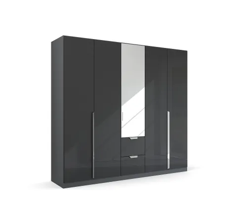 Kleiderschrank Drehtürenschrank Glamour | 5-türig | mit Spiegeltüren & Schubkästen | effektgrau Hochglanz / grau metallic | 226x210