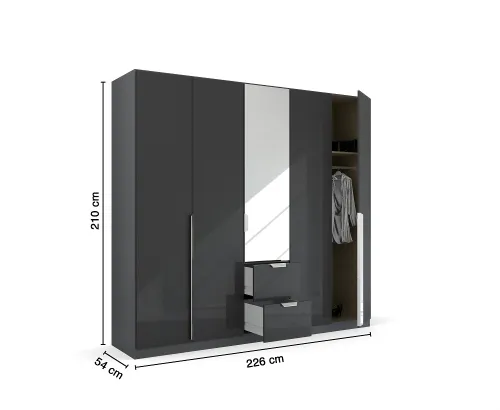 Kleiderschrank Drehtürenschrank Glamour | 5-türig | mit Spiegeltüren & Schubkästen | effektgrau Hochglanz / grau metallic | 226x210