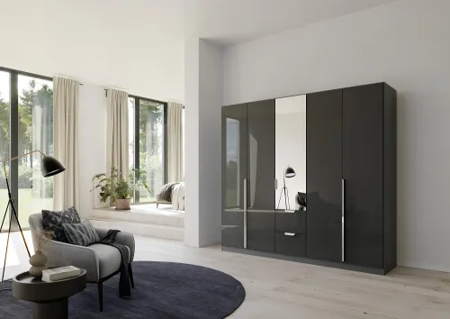 Kleiderschrank Drehtürenschrank Glamour | 5-türig | mit Spiegeltüren & Schubkästen | effektgrau Hochglanz / grau metallic | 226x210