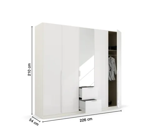 Kleiderschrank Drehtürenschrank Glamour | 5-türig | mit Spiegeltüren & Schubkästen | weiß Hochglanz / alpinweiß | 226x210
