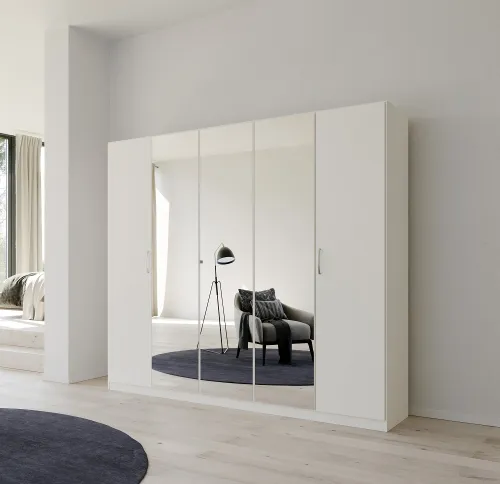 Kleiderschrank Drehtürenschrank Glamour | 5-türig | mit Spiegeltüren | weiß Hochglanz / alpinweiß | 226x210