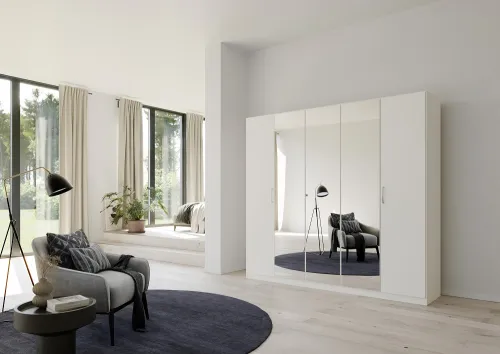Kleiderschrank Drehtürenschrank Glamour | 5-türig | mit Spiegeltüren | weiß Hochglanz / alpinweiß | 226x210
