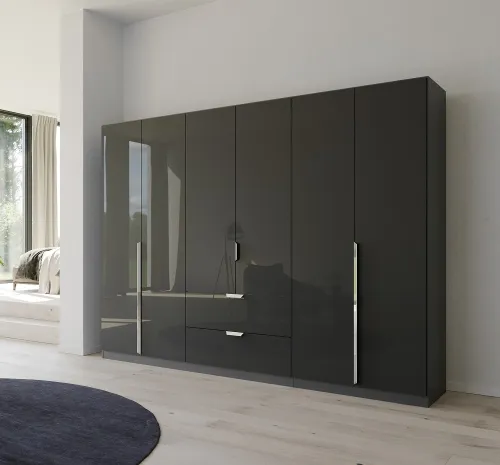 Kleiderschrank Drehtürenschrank Glamour | 6-türig | mit Schubkästen | effektgrau Hochglanz / grau metallic | 271x210