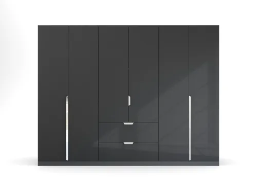 Kleiderschrank Drehtürenschrank Glamour | 6-türig | mit Schubkästen | effektgrau Hochglanz / grau metallic | 271x210