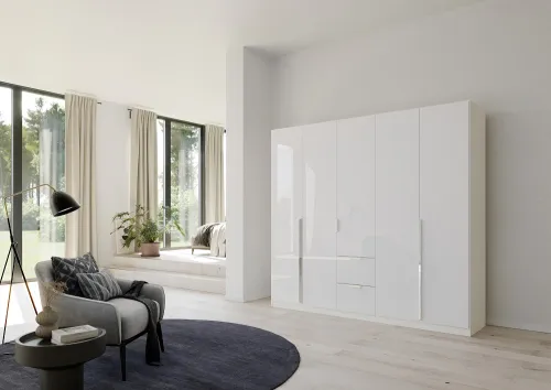 Kleiderschrank Drehtürenschrank Glamour | 6-türig | mit Schubkästen | weiß Hochglanz / alpinweiß | 271x210