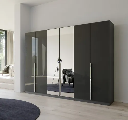 Kleiderschrank Drehtürenschrank Glamour | 6-türig | mit Spiegeltüren | effektgrau Hochglanz / grau metallic | 271x210