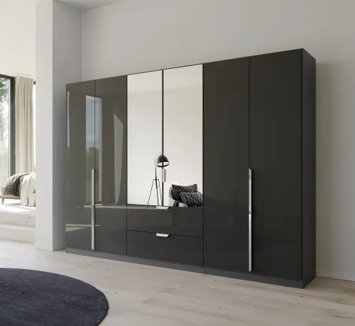 Kleiderschrank Drehtürenschrank Glamour | 6-türig | mit Spiegeltüren & Schubkästen | effektgrau Hochglanz / grau metallic | 271x210