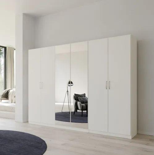 Kleiderschrank Drehtürenschrank Glamour | 6-türig | mit Spiegeltüren | weiß Hochglanz / alpinweiß | 271x210