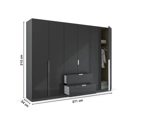 Kleiderschrank Drehtürenschrank Glamour | mit Schubkästen | effektgrau Hochglanz / grau metallic | verschiedene Größen