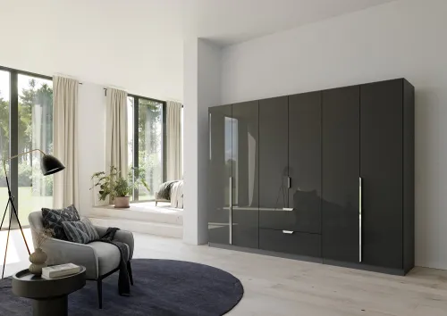 Kleiderschrank Drehtürenschrank Glamour | mit Schubkästen | effektgrau Hochglanz / grau metallic | verschiedene Größen