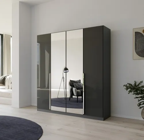 Kleiderschrank Drehtürenschrank Glamour | mit Spiegeltüren | effektgrau Hochglanz / grau metallic | verschiedene Größen